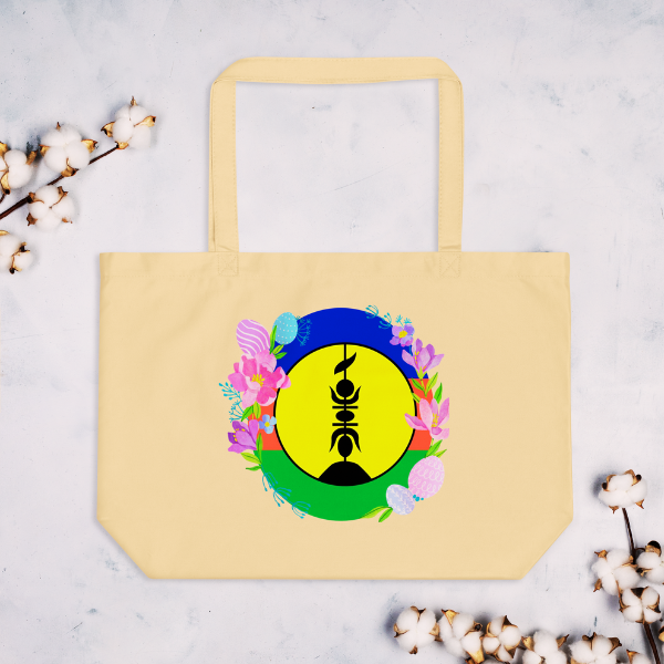 Grand tote bag bio aux teintes emblématiques de la culture kanak.