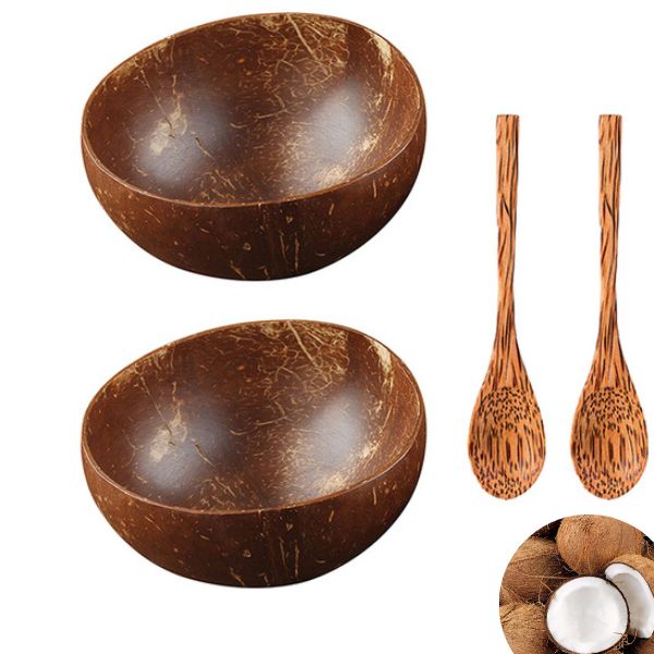 Bols de Noix de Coco et Cuillères en Bois - Naturels et Ecologiques