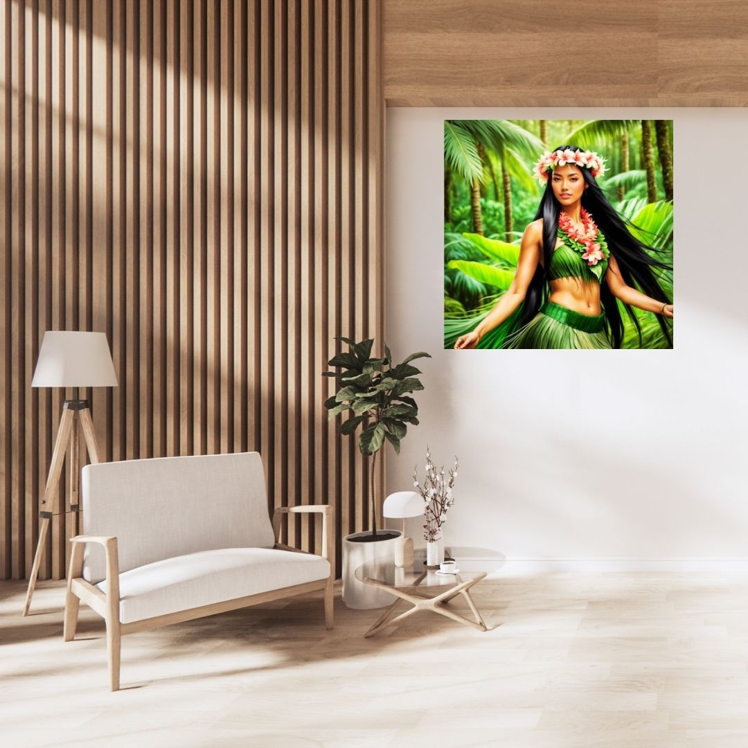 Pacifique : Portrait d’une Femme Hawaïenne | Art Numérique Tropical | Couronne de Fleurs et Feuilles de Palmier | Illustration Fine Art Pacifique