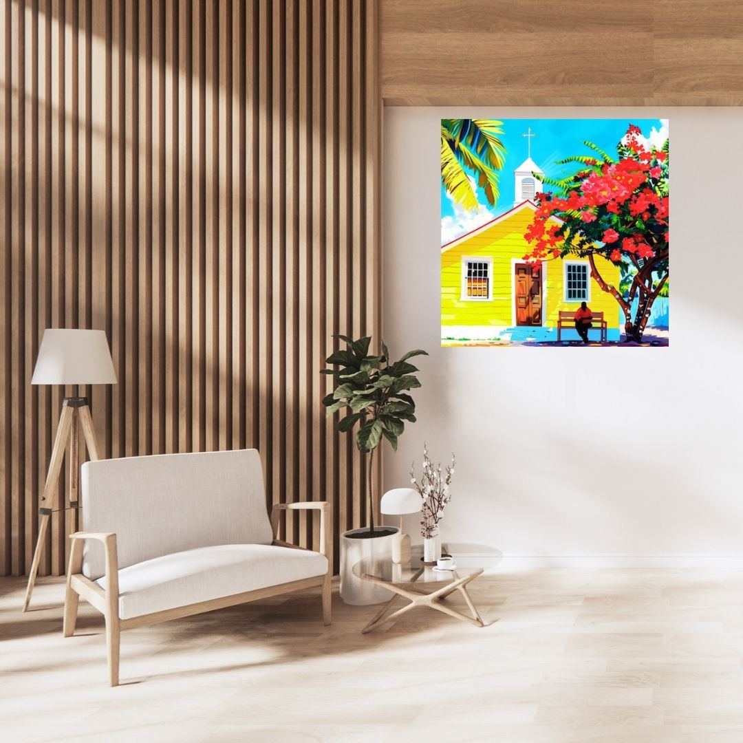 Caraïbes : Maison Créole Colorée au Soleil – Art Numérique Tropical | Flamboyant en Fleurs | Illustration Fine Art Antilles | Décoration Murale Lumineuse