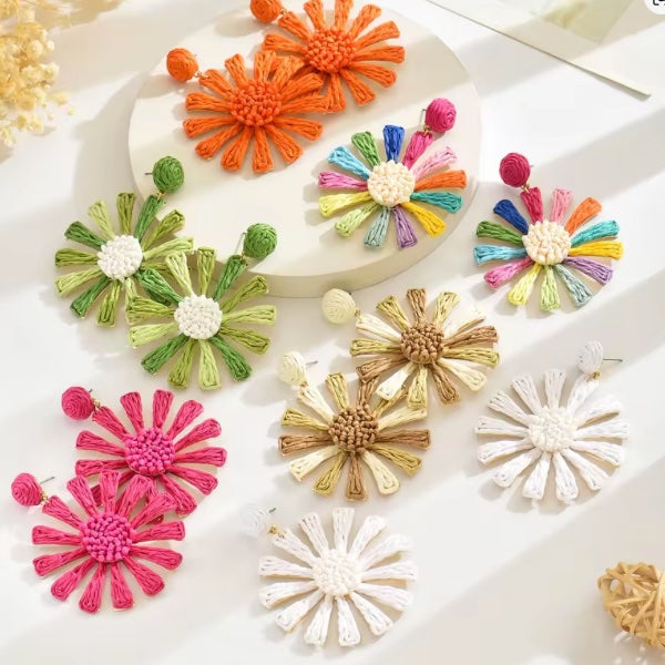 Boucles d’Oreilles Fleur en Raphia – Élégance Naturelle - Fait Main (Copie)