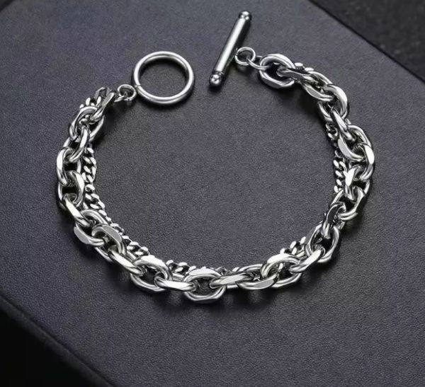 Bracelet Chaîne Cubaine en Acier Inoxydable pour Homme – Boucle OT – Double Couche