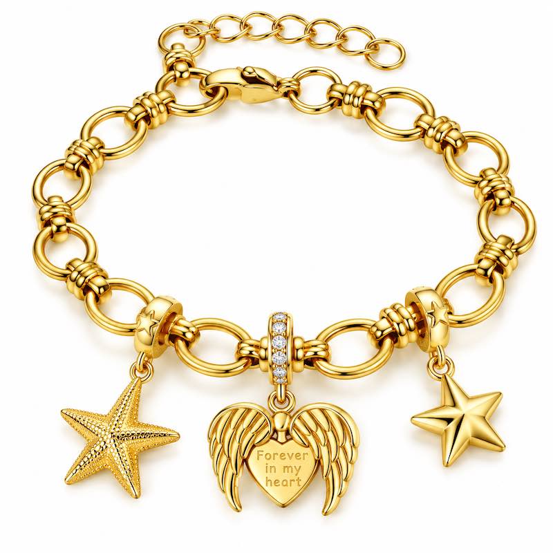 Bracelet doré Mirella – Charms étoiles et cœur ailé
