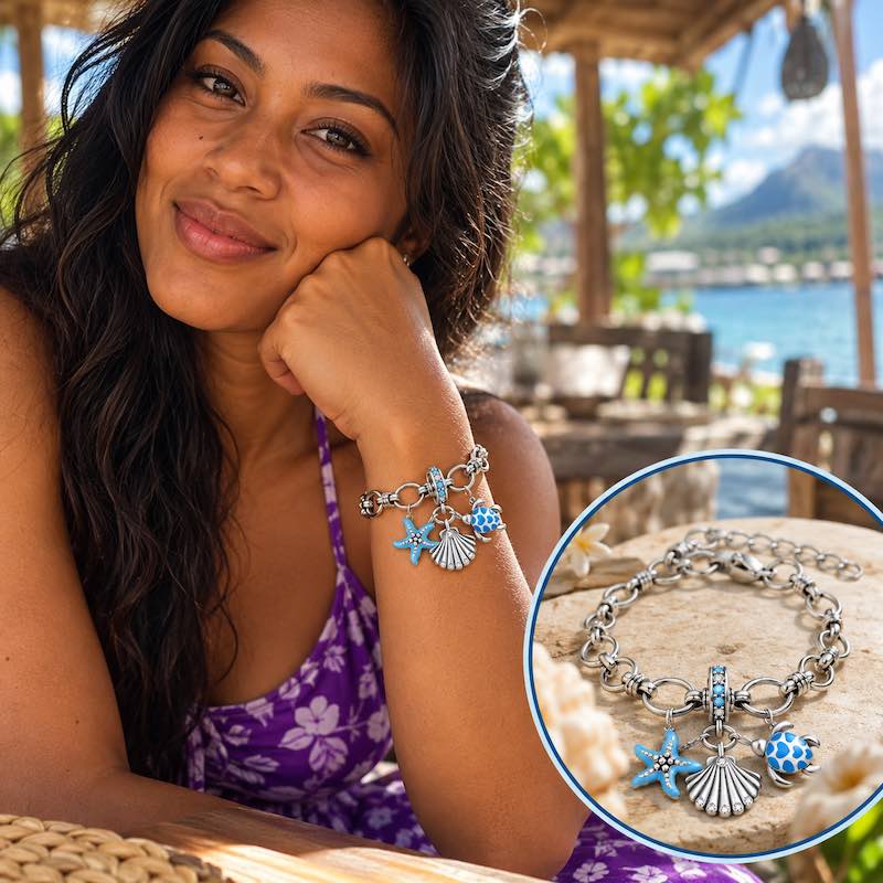 Bracelet argenté Nandini – Charms étoile de mer, coquillage et tortue - Ile maurice