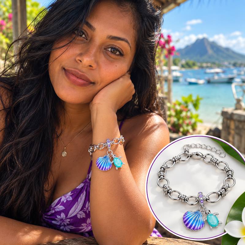 Bracelet argenté Vinessa – Coquillage irisé et tortue turquoise - Ile maurice