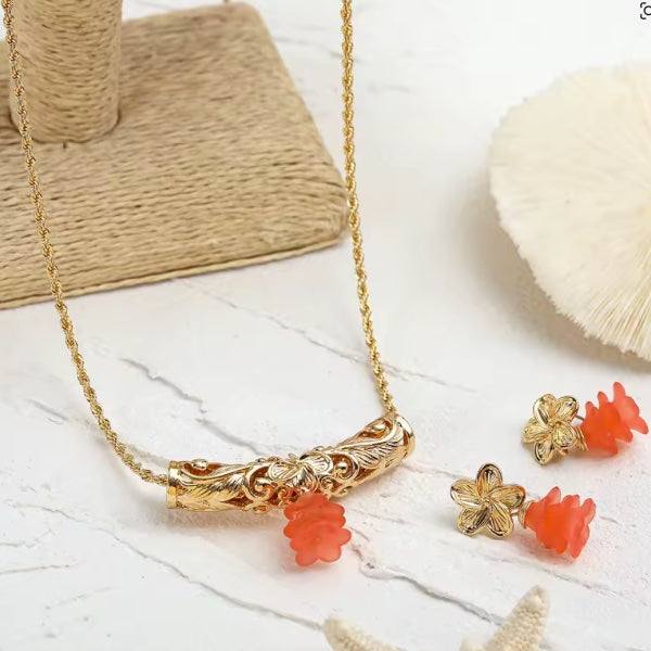 Ensemble de Bijoux Hawaïen – Collier et Boucles d’Oreilles avec Pendentif Fleur de Jasmin