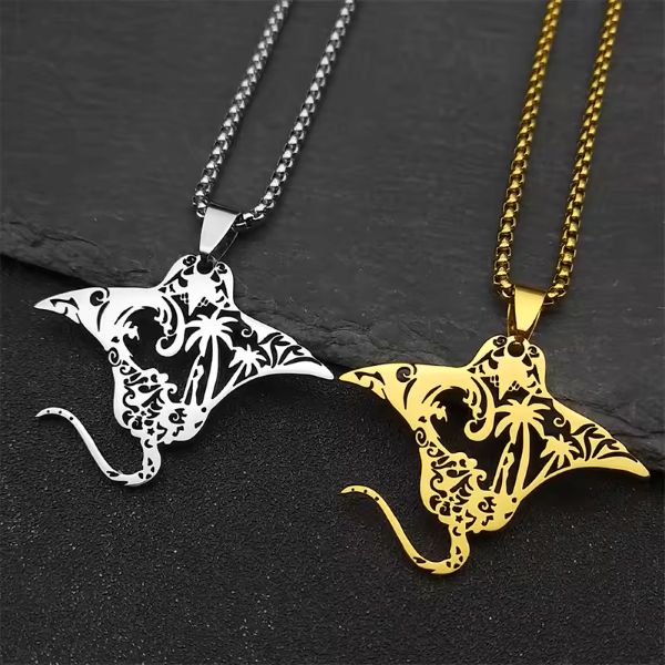 Collier Pendentif Raie Manta Mixte – Acier Inoxydable Doré ou Argenté