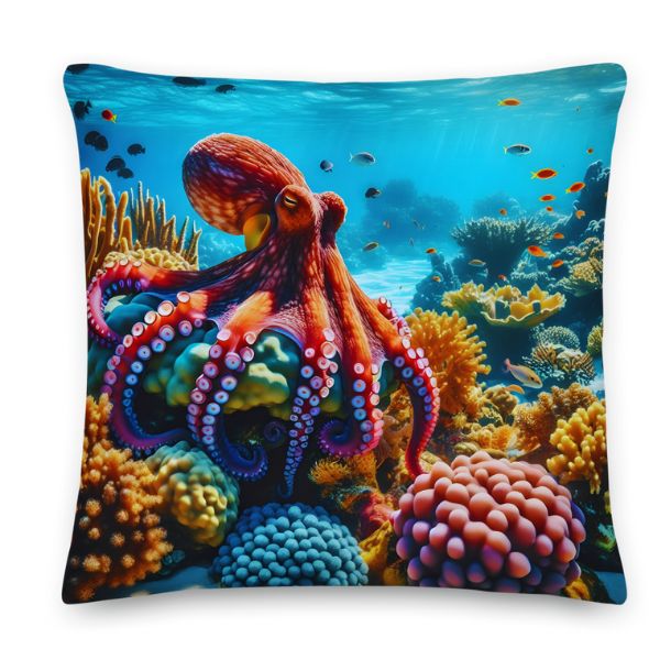 Coussin Déco Haut de Gamme : La Pieuvre Mystérieuse sur un Récif Corallien
