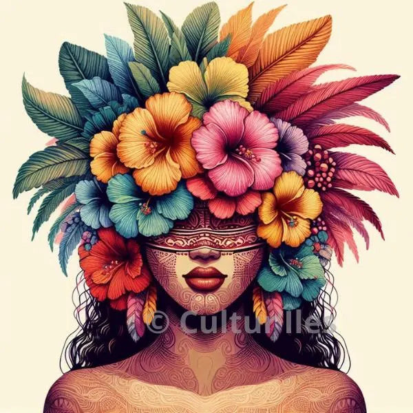 Pacifique : Femme Polynésienne aux Cheveux Fleuri, Vibrant Pacific Artwork, Printable Digital Download, Traditional Polynesian Design