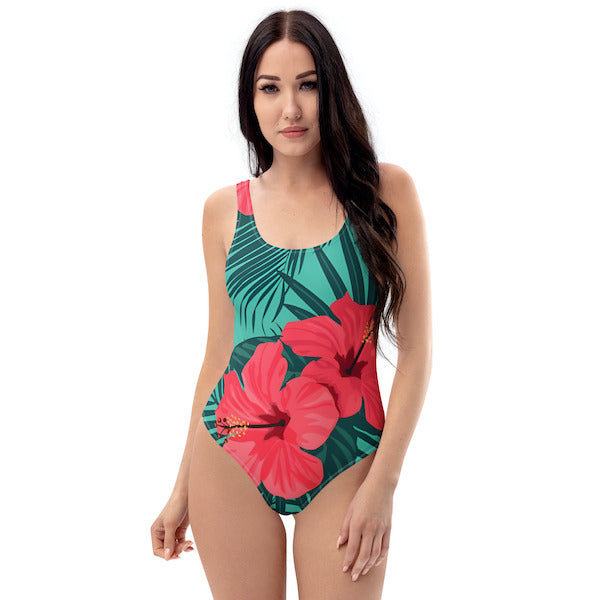 Maillot de bain une pièce femme – fleur d’hibiscus – dos nu et coupe brésilienne – inspiré des îles polynésiennes