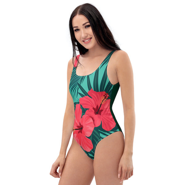 Maillot de bain une pièce femme – fleur d’hibiscus – dos nu et coupe brésilienne – inspiré des îles polynésiennes