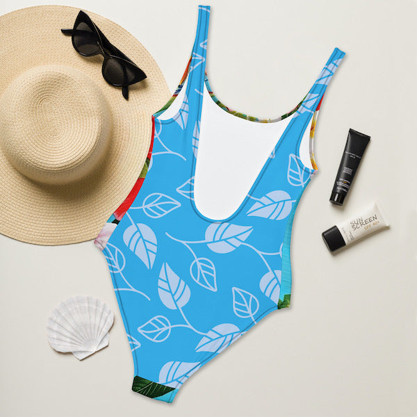 Maillot de Bain 1 Pièce Femme – Motif Fleurs Polynésiennes – Coupe Brésilienne, Dos Nu