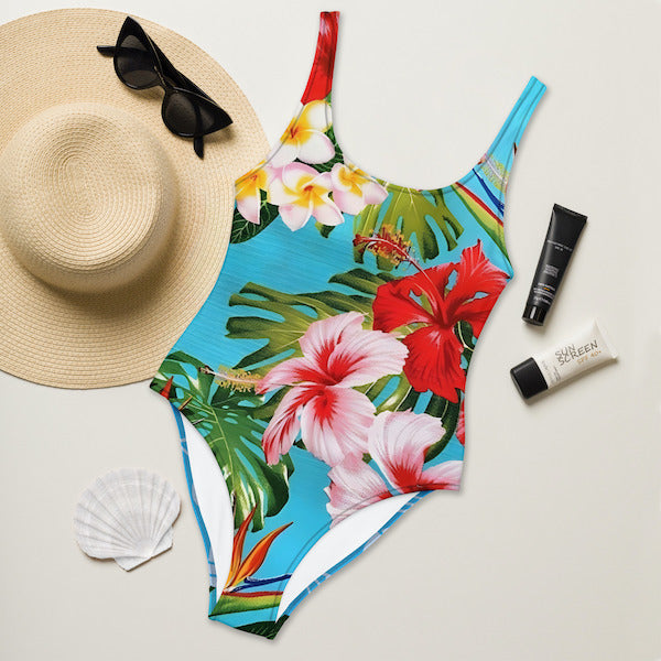Maillot de Bain 1 Pièce Femme – Motif Fleurs Polynésiennes – Coupe Brésilienne, Dos Nu