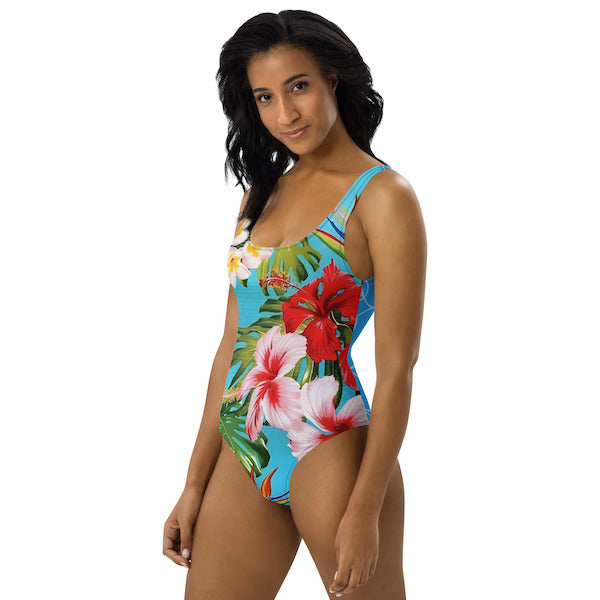 Maillot de Bain 1 Pièce Femme – Motif Fleurs Polynésiennes – Coupe Brésilienne, Dos Nu