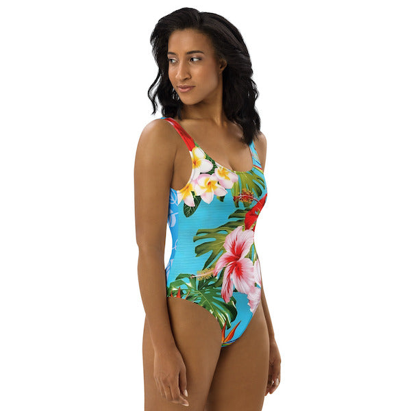 Maillot de Bain 1 Pièce Femme – Motif Fleurs Polynésiennes – Coupe Brésilienne, Dos Nu