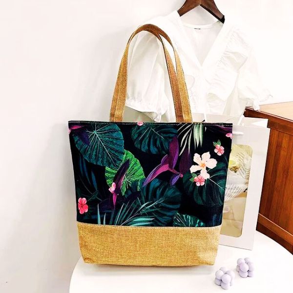 Sac à main fourre tout femme motif tropical Polynésien impression florale