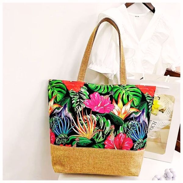 Sac à main fourre tout femme motif tropical Polynésien impression florale
