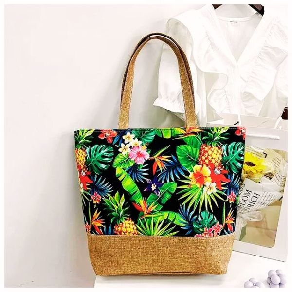 Sac à main fourre tout femme motif tropical Polynésien impression florale