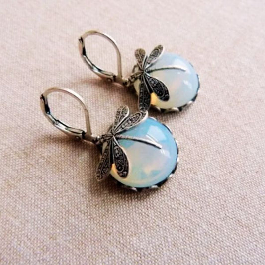Boucles d'Oreilles Libellule en Pierre de Lune