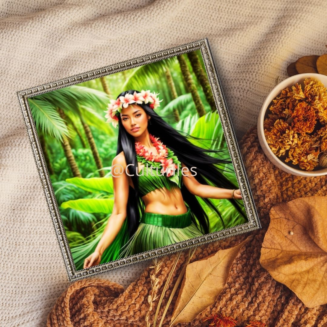 Pacifique  : Portrait d’une Femme Hawaïenne | Art Numérique Tropical | Couronne de Fleurs et Feuilles de Palmier | Illustration Fine Art Pacifique