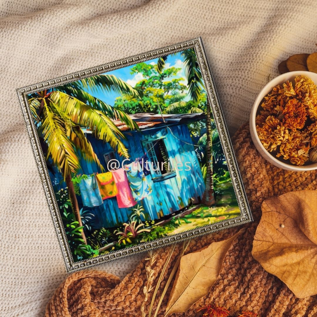 Caraïbes  : Maison Créole Bleue – Art Numérique Tropical | Cocotier et Lumière des Îles | Illustration Fine Art Antillaise | Décoration Murale Exotique  - Téléchargement