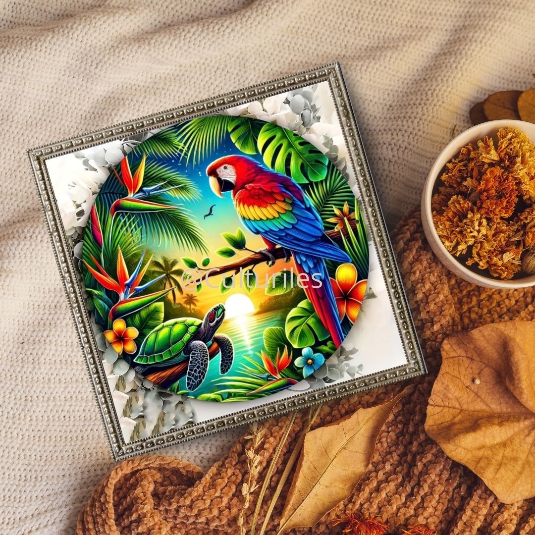 Pacifique :Perroquet dans un jardin tropical - Pacific Artwork, Printable Digital Download
