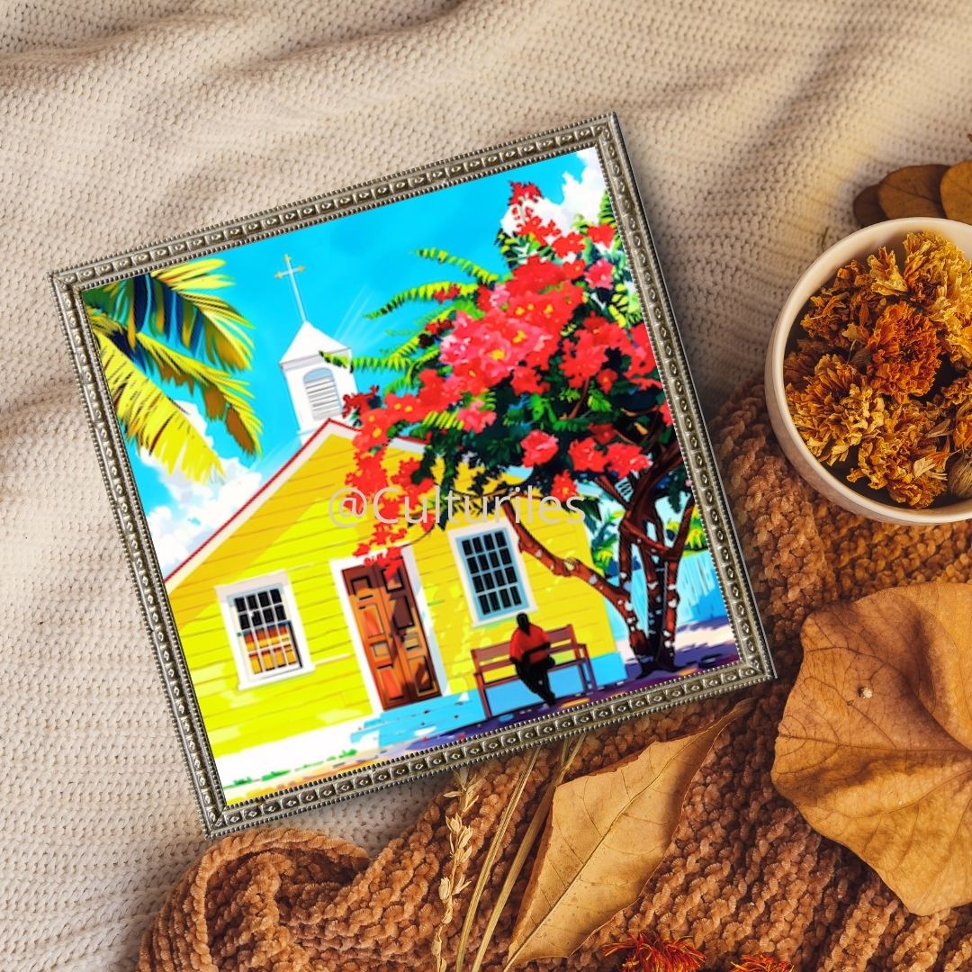 Caraïbes  : Maison Créole Colorée au Soleil – Art Numérique Tropical | Flamboyant en Fleurs | Illustration Fine Art Antilles | Décoration Murale Lumineuse
