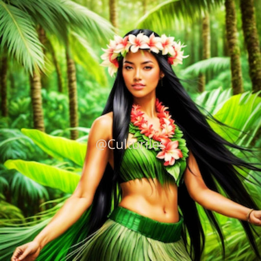 Pacifique  : Portrait d’une Femme Hawaïenne | Art Numérique Tropical | Couronne de Fleurs et Feuilles de Palmier | Illustration Fine Art Pacifique