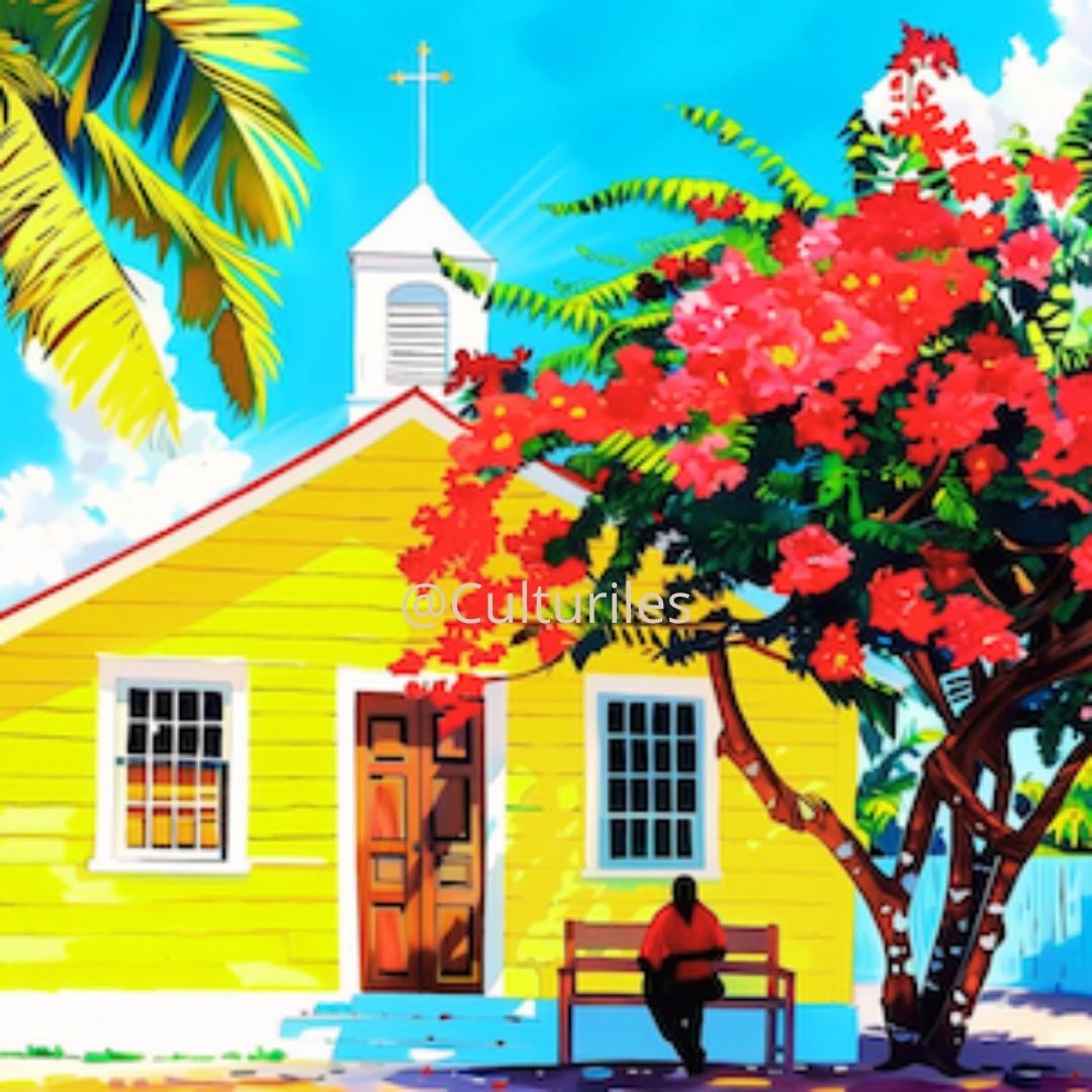 Caraïbes  : Maison Créole Colorée au Soleil – Art Numérique Tropical | Flamboyant en Fleurs | Illustration Fine Art Antilles | Décoration Murale Lumineuse