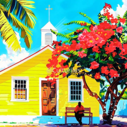 Caraïbes  : Maison Créole Colorée au Soleil – Art Numérique Tropical | Flamboyant en Fleurs | Illustration Fine Art Antilles | Décoration Murale Lumineuse