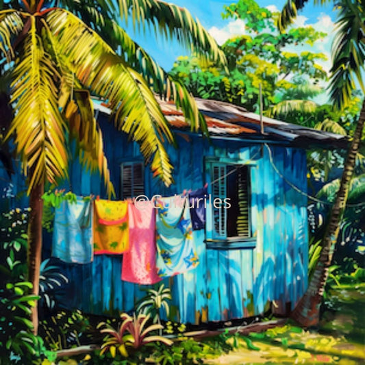 Caraïbes  : Maison Créole Bleue – Art Numérique Tropical | Cocotier et Lumière des Îles | Illustration Fine Art Antillaise | Décoration Murale Exotique  - Téléchargement