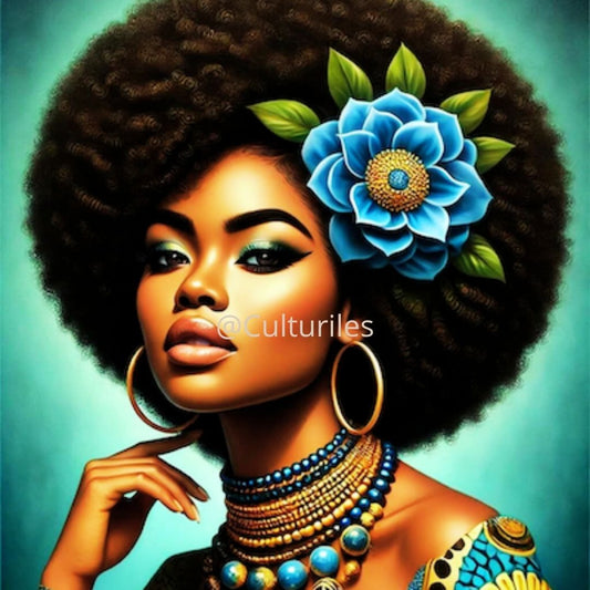Caraïbes : Femme Afro , Vibrant Ebene Artwork, Printable Digital Download, Traditional Caribbean Design