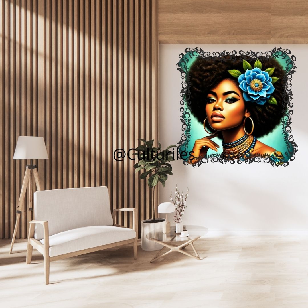 Caraïbes : Femme Afro , Vibrant Ebene Artwork, Printable Digital Download, Traditional Caribbean Design