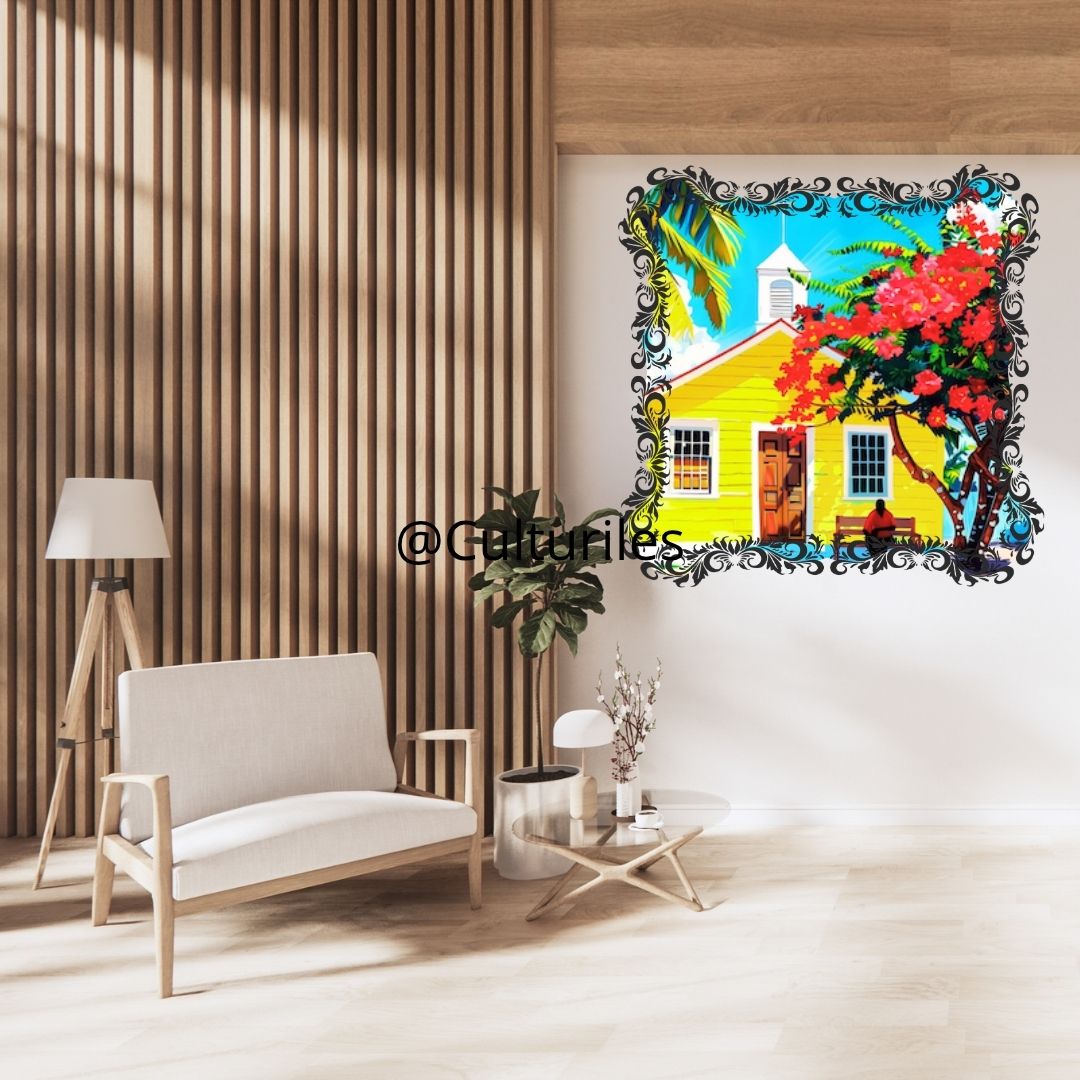 Caraïbes  : Maison Créole Colorée au Soleil – Art Numérique Tropical | Flamboyant en Fleurs | Illustration Fine Art Antilles | Décoration Murale Lumineuse