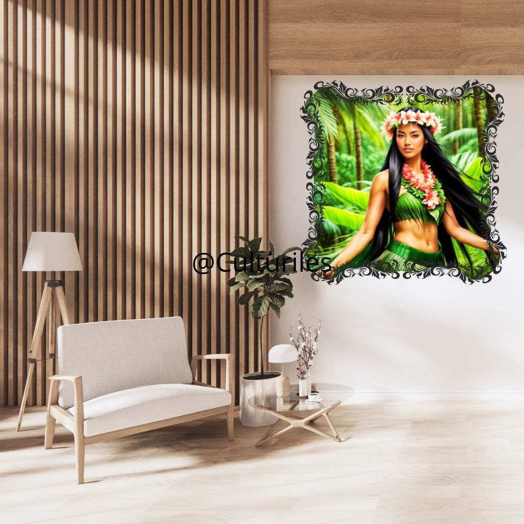 Pacifique  : Portrait d’une Femme Hawaïenne | Art Numérique Tropical | Couronne de Fleurs et Feuilles de Palmier | Illustration Fine Art Pacifique