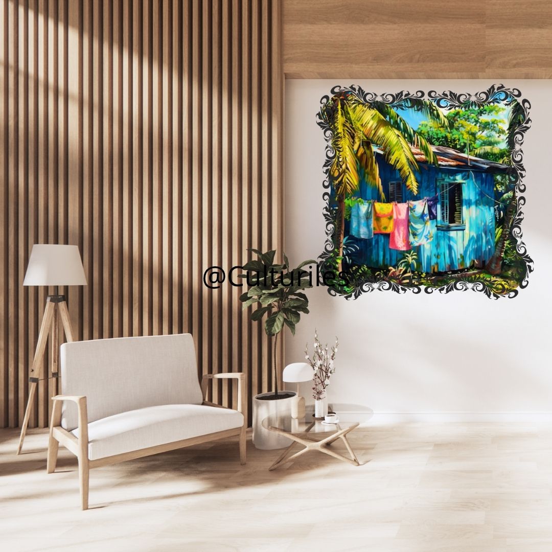 Caraïbes  : Maison Créole Bleue – Art Numérique Tropical | Cocotier et Lumière des Îles | Illustration Fine Art Antillaise | Décoration Murale Exotique  - Téléchargement