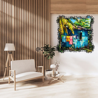 Caraïbes  : Maison Créole Bleue – Art Numérique Tropical | Cocotier et Lumière des Îles | Illustration Fine Art Antillaise | Décoration Murale Exotique  - Téléchargement