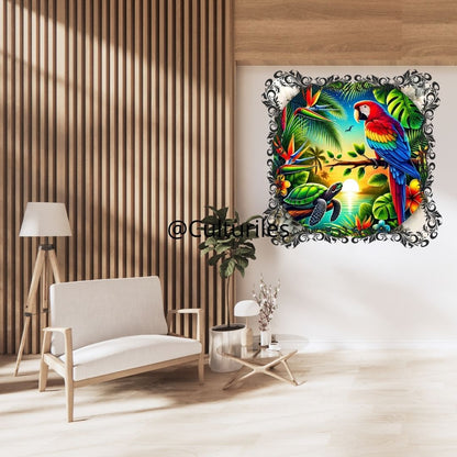 Pacifique :Perroquet dans un jardin tropical - Pacific Artwork, Printable Digital Download