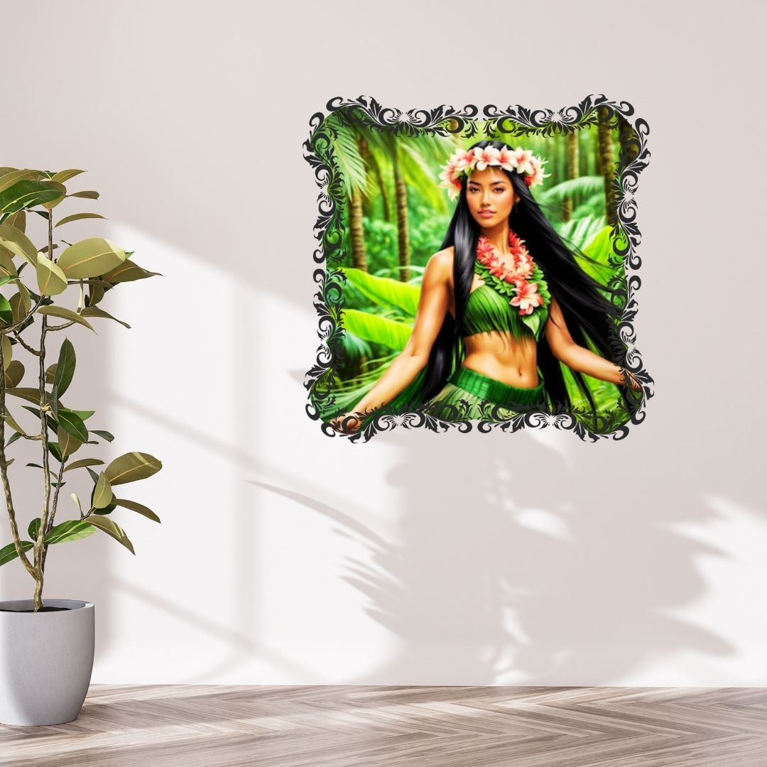 Pacifique  : Portrait d’une Femme Hawaïenne | Art Numérique Tropical | Couronne de Fleurs et Feuilles de Palmier | Illustration Fine Art Pacifique