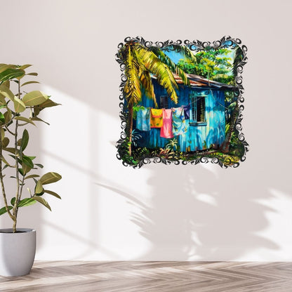 Caraïbes  : Maison Créole Bleue – Art Numérique Tropical | Cocotier et Lumière des Îles | Illustration Fine Art Antillaise | Décoration Murale Exotique  - Téléchargement