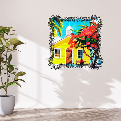 Caraïbes  : Maison Créole Colorée au Soleil – Art Numérique Tropical | Flamboyant en Fleurs | Illustration Fine Art Antilles | Décoration Murale Lumineuse