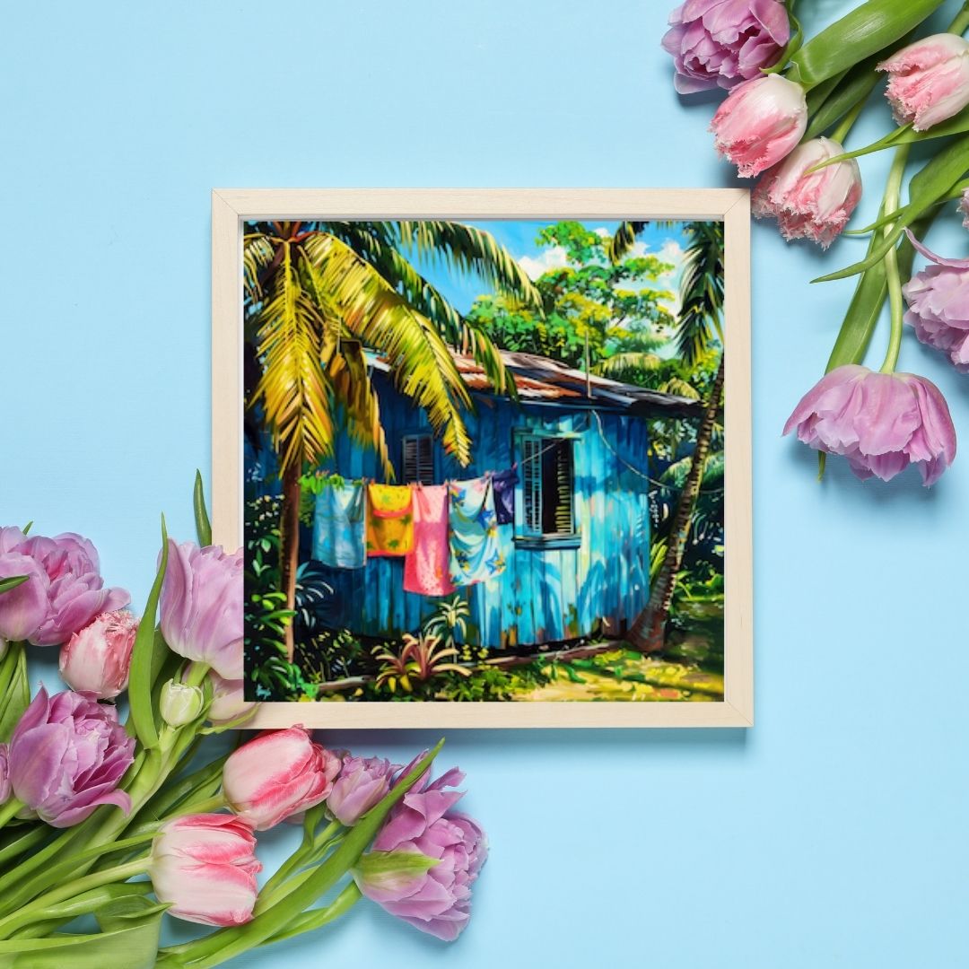 Caraïbes  : Maison Créole Bleue – Art Numérique Tropical | Cocotier et Lumière des Îles | Illustration Fine Art Antillaise | Décoration Murale Exotique  - Téléchargement