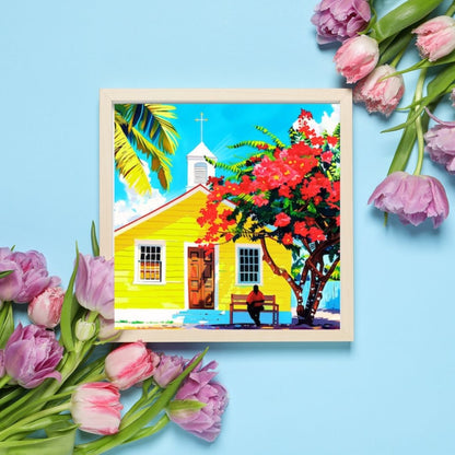Caraïbes  : Maison Créole Colorée au Soleil – Art Numérique Tropical | Flamboyant en Fleurs | Illustration Fine Art Antilles | Décoration Murale Lumineuse