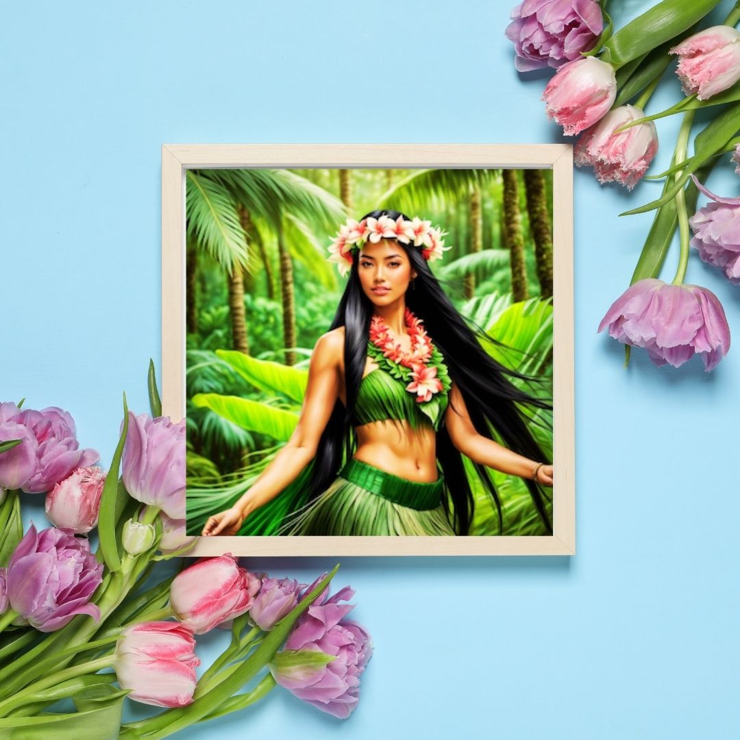 Pacifique  : Portrait d’une Femme Hawaïenne | Art Numérique Tropical | Couronne de Fleurs et Feuilles de Palmier | Illustration Fine Art Pacifique