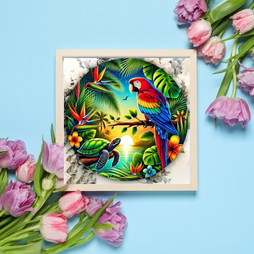 Pacifique :Perroquet dans un jardin tropical - Pacific Artwork, Printable Digital Download