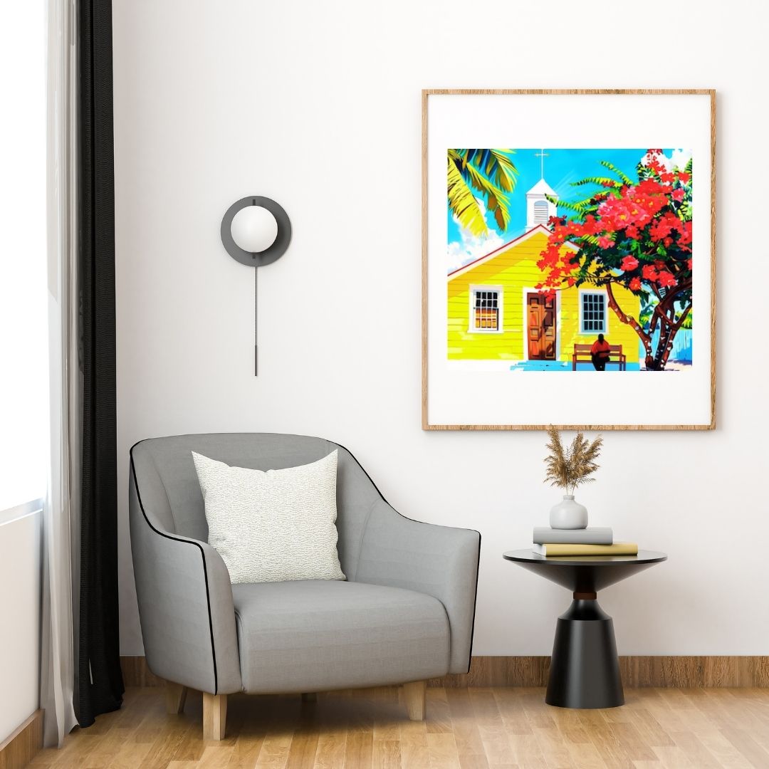 Caraïbes  : Maison Créole Colorée au Soleil – Art Numérique Tropical | Flamboyant en Fleurs | Illustration Fine Art Antilles | Décoration Murale Lumineuse