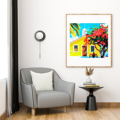 Caraïbes  : Maison Créole Colorée au Soleil – Art Numérique Tropical | Flamboyant en Fleurs | Illustration Fine Art Antilles | Décoration Murale Lumineuse