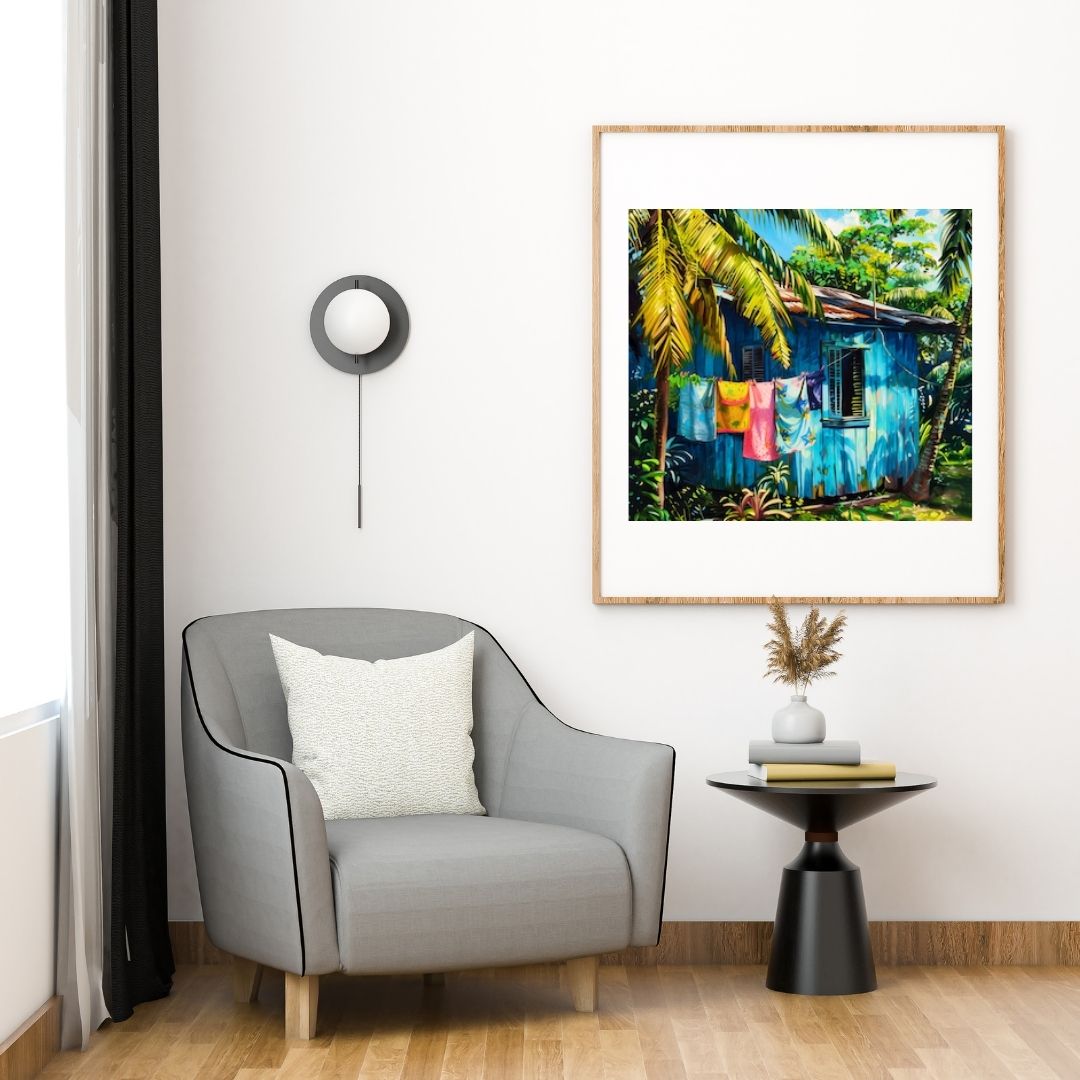 Caraïbes  : Maison Créole Bleue – Art Numérique Tropical | Cocotier et Lumière des Îles | Illustration Fine Art Antillaise | Décoration Murale Exotique  - Téléchargement