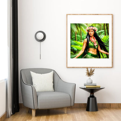 Pacifique  : Portrait d’une Femme Hawaïenne | Art Numérique Tropical | Couronne de Fleurs et Feuilles de Palmier | Illustration Fine Art Pacifique