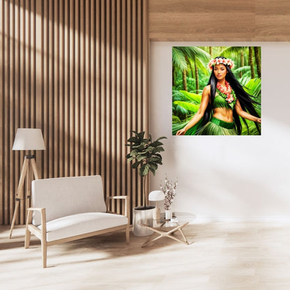 Pacifique  : Portrait d’une Femme Hawaïenne | Art Numérique Tropical | Couronne de Fleurs et Feuilles de Palmier | Illustration Fine Art Pacifique